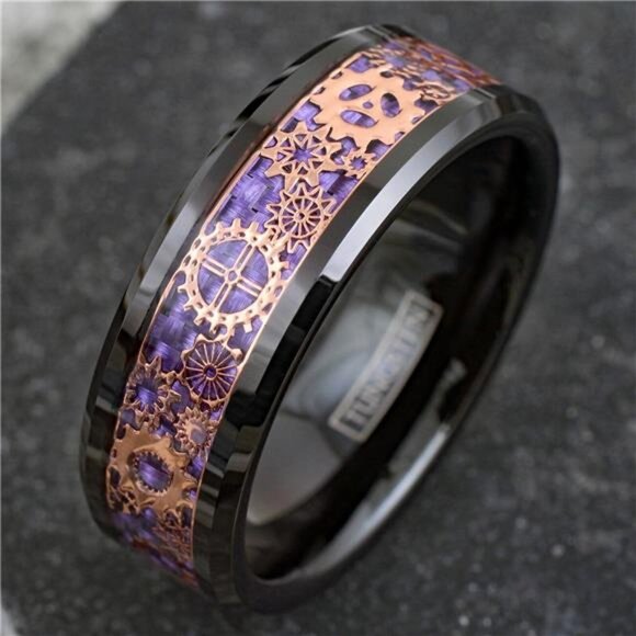 Men's Wedding Band Rings Black Rose Gold Plated Steampunk Clockwork Gears Purple - Picture 7 of 8